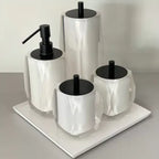Kit de banheiro 4 peças em resina valência + bandeja cristal Marfim com Preto Fosco